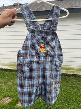 Disney Blue Plaid Overalls with Winnie the Pooh Fishing Embroidery